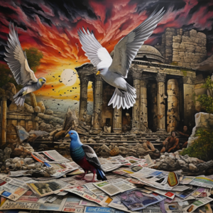 Alter griechischer Tempel, fliegende Tauben, viele Zeitungen als Symbol für unsere TempleNews